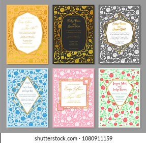 Vector Hand drawing a set of wedding invitation patterns. Floral roses patterns and a gold design geometric frame. Postcards, certificates, letterheads, greeting cards