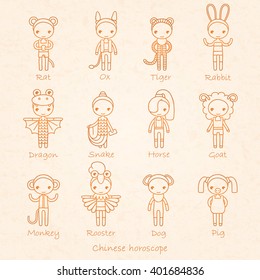 Vector hand drawing signs of the Chinese horoscope Rat, Ox, Tiger, Rabbit, Dragon, Snake, Horse, Goat, Monkey, Rooster, Dog and Pig with texture of paper