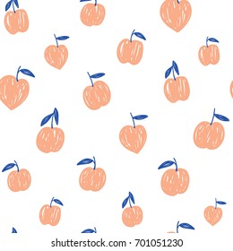 Vector hand drawing simple peaches seamless pattern. Fruit illustration on a white background