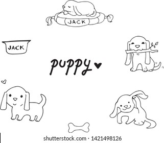 Vector hand drawing simple puppy set doodle cute cartoon collection for children line art contour