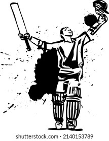 the vector hand drawing sketch of the cricket player with cricket bat in his hand