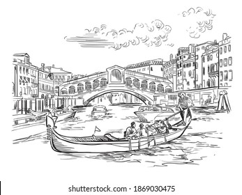 Vector hand drawing sketch illustration of Rialto Bridge on Grand Canal in Venice. Venice skyline hand drawn sketch in black color isolated on white background. Travel concept. For print and design.