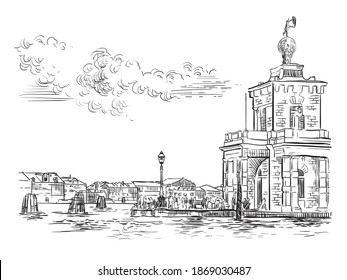 Vector hand drawing sketch illustration of Della Dogane Punta in Venice. Venice skyline hand drawn sketch in black color isolated on white background. Travel concept. For print and design.