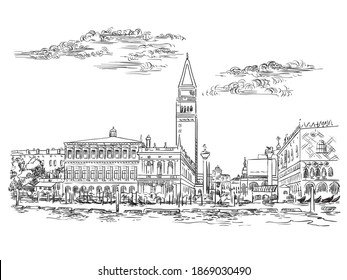 Vector hand drawing sketch illustration of St Mark s Square in Venice. Venice skyline hand drawn sketch in black color isolated on white background. Travel concept. For print and design.