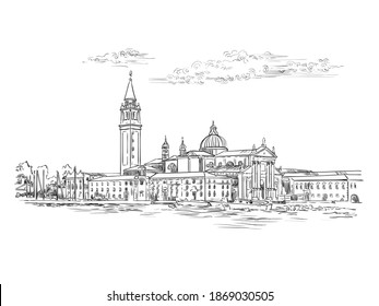 Vector hand drawing sketch illustration of Venice panorama skyline view. Venice hand drawn sketch in black color isolated on white background. Travel concept. For print and design.