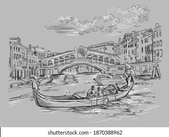 Dibujo manual con vectores de dibujos ilustrativos del puente Rialto en el Gran Canal de Venecia.Esbozo dibujado a mano en tonos monocromos aislados en fondo gris.Concepto de viaje. Para impresión y diseño