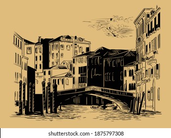 Vector hand drawing sketch illustration of canal in Venice. Venice skyline hand drawn sketch in black color isolated on beige background. Travel concept. For print, design.