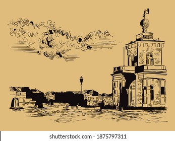 Vector hand drawing sketch illustration of Della Dogane in Venice. Venice skyline hand drawn sketch in black color isolated on beige background. Travel concept. For print and design.