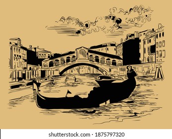 Vector hand drawing sketch illustration of Rialto Bridge on Grand Canal in Venice. Venice skyline hand drawn sketch in black color isolated on beige background. Travel concept. For print and design.