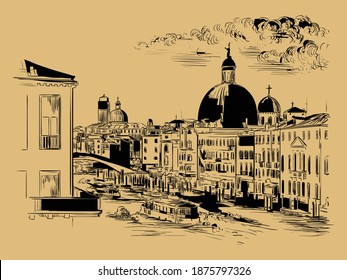 Vector hand drawing sketch illustration of Grand Canal in Venice. Venice skyline hand drawn sketch in black color isolated on beige background. Travel concept. For print and design.