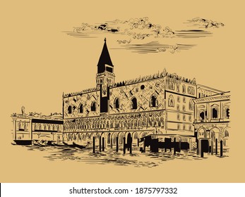 Vector hand drawing sketch illustration of Doges Palace in Venice. Venice skyline hand drawn sketch in black color isolated on beige background. Travel concept. For print and design.