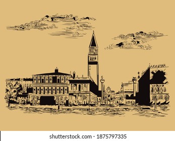 Vector hand drawing sketch illustration of St Marks Square in Venice. Venice skyline hand drawn sketch in black color isolated on beige background. Travel concept. For print and design.