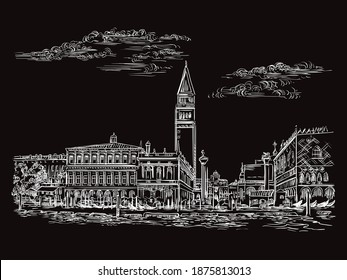 Vector hand drawing sketch illustration of St Marks Square in Venice. Venice skyline hand drawn sketch in white color isolated on black background. Travel concept. For print and design.