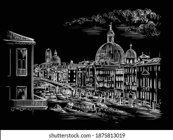 Vector hand drawing sketch illustration of Grand Canal in Venice. Venice skyline hand drawn sketch in white color isolated on black background. Travel concept. For print and design.