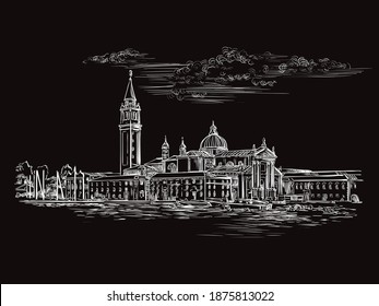 Vector hand drawing sketch illustration of Grand Canal in Venice. Venice skyline hand drawn sketch in white color isolated on black background. Travel concept. For print and design.
