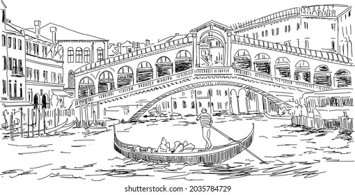 Dibujo a mano vectorial ilustración del puente Rialto en el Gran Canal de Venecia. Esbozo dibujado a mano por Venecia en color negro aislado en fondo blanco.