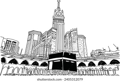 Vector hand drawing sketch illustration of Ka'bah in Masjidil Haram Mekkah city in black and white background