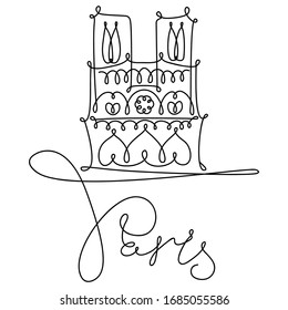 Vector hand drawing sketch. One line minimalist style Illustration Paris sights. Notre Dame de Paris