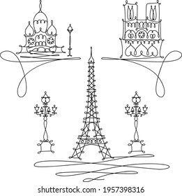 Vector hand drawing sketch. One line minimalist style Illustration Paris landmarks