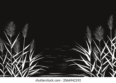 Vector hand drawing sketch with reeds or cane.Illustration of black and white silhouette.
