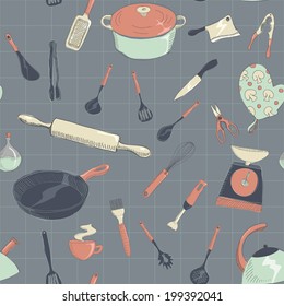 vector hand drawing sketch style seamless kitchen tools pattern