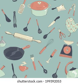 vector hand drawing sketch style seamless kitchen tools pattern