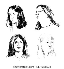 Vector hand drawing sketch of womans faces. Female sketch