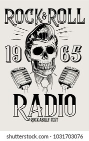 vector hand drawing skull rock and rool radio print
