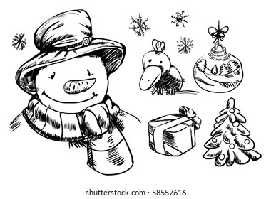 Vector hand drawing of snowman and  xmas elements
