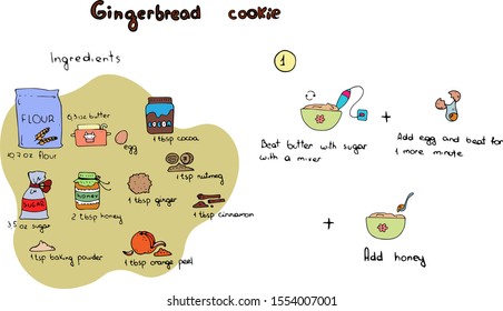Vector hand drawing stages recipe gingerbread cookie cartoon flat cute yummy christmas mood illustration homemade cartoon part 1