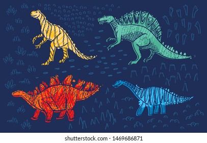 Vector hand drawing with stylized dinosaurs.