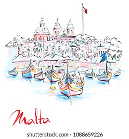 Vector hand drawing of traditional eyed colorful boats Luzzu and church in the Harbor of Mediterranean fishing village Marsaxlokk, Malta