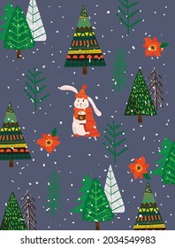 Vector hand drawing trendy abstract illustrations of holiday card of Merry Christmas and Happy New Year 2022 with christmas tree, winter forest and lettering.