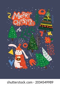 Vector hand drawing trendy abstract illustrations of holiday card of Merry Christmas and Happy New Year 2022 with christmas tree, winter forest and lettering.