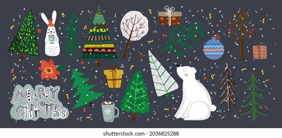 Vector hand drawing trendy abstract illustrations of holiday card of Merry Christmas and Happy New Year 2022 with christmas tree, winter forest and lettering.