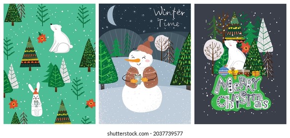 Vector hand drawing trendy abstract illustrations of holiday cards of Merry Christmas and Happy New Year 2022 with christmas tree, winter forest and lettering.