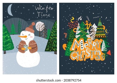 Vector hand drawing trendy abstract illustrations of holiday cards of Merry Christmas and Happy New Year 2022 with christmas tree, winter forest and lettering.