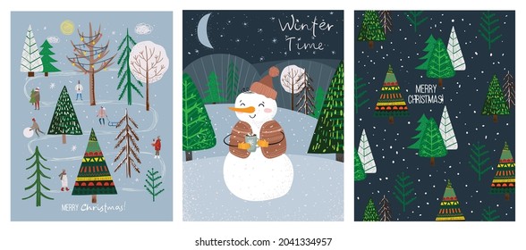 Vector hand drawing trendy abstract illustrations of holiday cards of Merry Christmas and Happy New Year 2022 with christmas tree, winter forest and lettering.