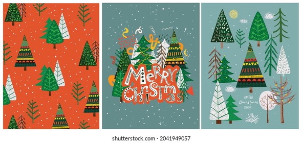 Vector hand drawing trendy abstract illustrations of holiday cards of Merry Christmas and Happy New Year 2022 with christmas tree, winter forest and lettering.
