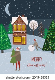 Vector hand drawing trendy abstract illustration of holiday cardsof Merry Christmas and Happy New Year 2022 with christmas tree, winter forest, people and lettering.