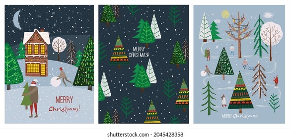 Dibujo a mano vectorial ilustraciones abstractas de moda de tarjetas de vacaciones de Feliz Navidad y Feliz Año Nuevo 2022 con árbol de navidad, bosque de invierno, casa, gente y letras.
