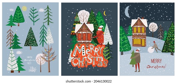 Vector hand drawing trendy abstract illustration of holiday cards of Merry Christmas and Happy New Year 2022 with christmas tree, winter forest, people and lettering.