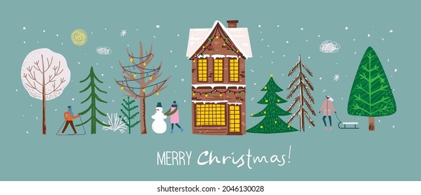 Vector hand drawing trendy abstract illustration of holiday cards f Merry Christmas and Happy New Year 2022 with christmas tree, winter forest, people and lettering.