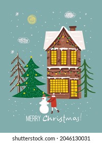 Vector hand drawing trendy abstract illustration of holiday cards f Merry Christmas and Happy New Year 2022 with christmas tree, winter forest, people and lettering.