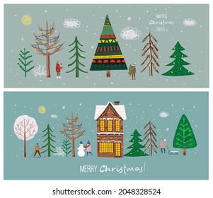 Dibujo a mano vectora ilustración abstracta de moda de tarjetas de vacaciones de Feliz Navidad y Feliz Año Nuevo 2022 con árbol de navidad, bosque de invierno, gente y letras.