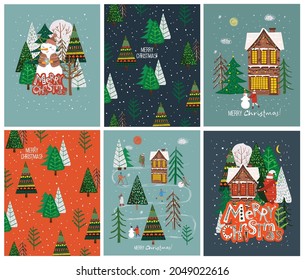Dibujo a mano vectora ilustración abstracta de moda de tarjetas de vacaciones de Feliz Navidad y Feliz Año Nuevo 2022 con árbol de navidad, bosque de invierno, gente y letras.