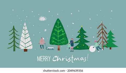 Vector hand drawing trendy abstract illustration of holiday cards of Merry Christmas and Happy New Year 2022 with christmas tree, winter forest, people and lettering.