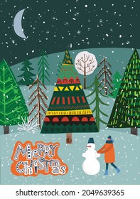 Dibujo a mano vectora ilustración abstracta de moda de tarjetas de vacaciones de Feliz Navidad y Feliz Año Nuevo 2022 con árbol de navidad, bosque de invierno, gente y letras.
