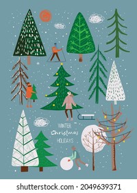 Vector hand drawing trendy abstract illustration of holiday cards of Merry Christmas and Happy New Year 2022 with christmas tree, winter forest, people and lettering.