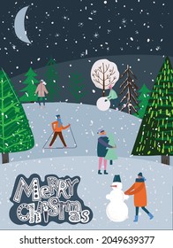 Vector hand drawing trendy abstract illustration of holiday cards of Merry Christmas and Happy New Year 2022 with christmas tree, winter forest, people and lettering.